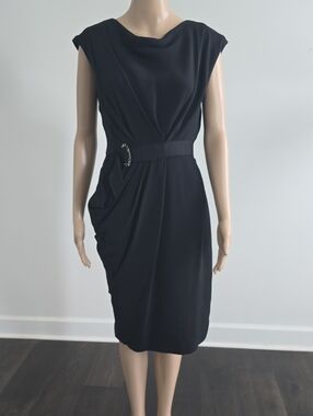J. Mendel Black Draped Midi Dress with Buckle Detail